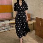 Short-sleeve Floral Print Midi Dress White Floral - Black - One Size