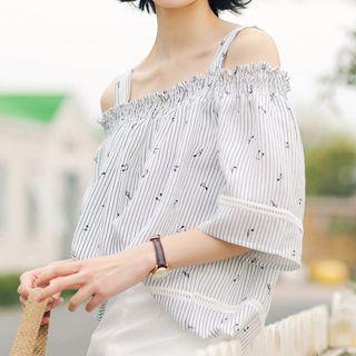 Printed Striped Off Shoulder Elbow Sleeve Blouse
