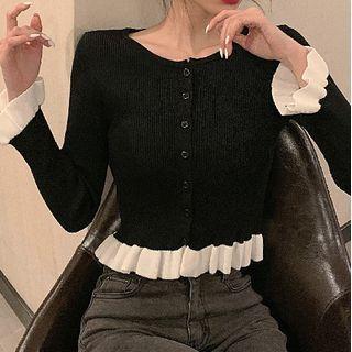 Ruffled Ribbed Cardigan Black - One Size
