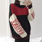 Lettering Turtleneck Sweater Wine Red - One Size
