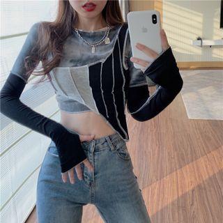 Long-sleeve Asymmetrical Crop Top Gray & Black - One Size