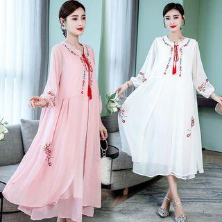 Sleeveless Midi Dress / 3/4-sleeve Embroidered Floral Chiffon Light Jacket