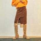 Slit-front Corduroy Pencil Skirt