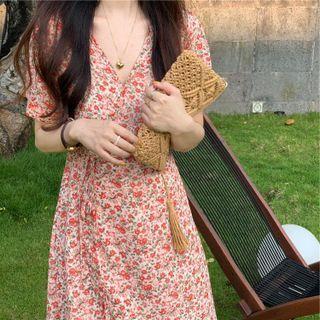 Short-sleeve Floral Print Midi Dress Floral - Orange Red - One Size