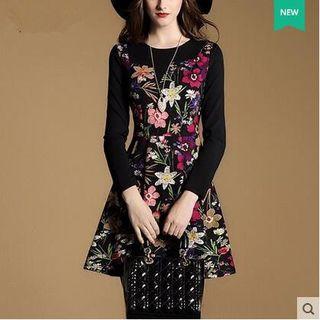 Long-sleeved Floral Print Loose-fit Crewneck A-line Slim Long Sheath Dress