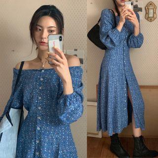 Off Shoulder Floral Long-sleeve Dress Blue - One Size