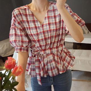 Puff-sleeve Plaid A-line Top