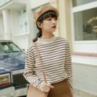 Striped Semi High-neck Sweater Stripe - One Size