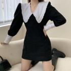 Long-sleeve Collar Mini Sheath Dress Black - One Size