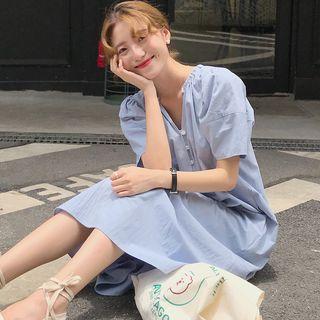 Split-neck Puff-sleeve Midi Shift Dress