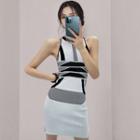Sleeveless Color Block Knit Mini Sheath Dress Light Gray - One Size