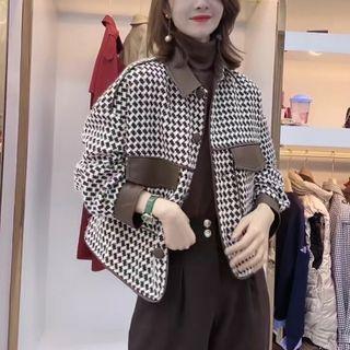 Faux Leather Panel Plaid Cropped Jacket