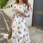 Floral Print Bell-sleeve Midi A-line Dress White - One Size