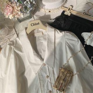 Faux Pearl Button Pintuck Long-sleeve Blouse