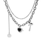 Heart Pendant Stainless Steel Layered Necklace Black & Silver - One Size