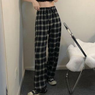 Plaid High-waist Wide-leg Pants Plaid - Navy Blue - One Size