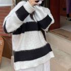 Round Neck Stripe Loose Fit Sweater Stripe - Black & White - One Size