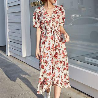 Ruffle-trim Tie-waist Rosette Dress