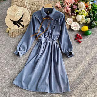 Ruffled Bow-neck Lapel Long-sleeve Dress