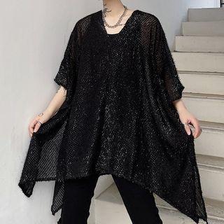 Elbow-sleeve Glitter Asymmetrical Top