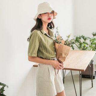 Elbow-sleeve Striped Linen Blend Shirt