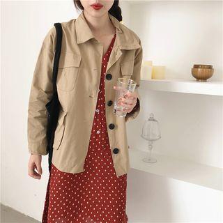 Buttoned Utility Jacket / Long-sleeve Dotted A-line Dress