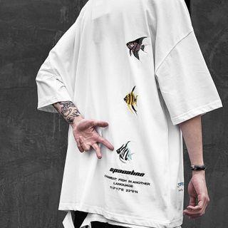 Fish Embroidered Elbow-sleeve T-shirt