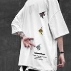 Fish Embroidered Elbow-sleeve T-shirt