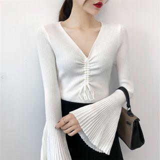 Bell-sleeve V-neck Knit Drawstring Top