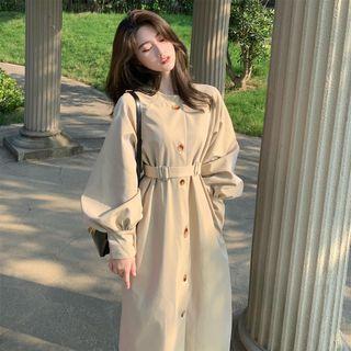 Puff-sleeve Plain Midi Coat Dress