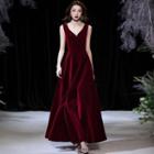 Sleeveless V-neck Velvet A-line Gown