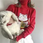 Cat Applique Turtleneck Sweater