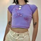 Short-sleeve Butterfly Embroidery Crop Top