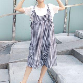 Set: Crew-neck Short-sleeve T-shirt + Plaid Jumper Shorts As Shown In Figure - One Size