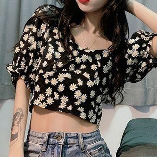 Flower Print Short-sleeve Blouse / A-line Skirt / Neckerchief / Shift Dress