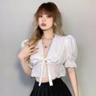 Short-sleeve Eyelet Lace Trim Bow Crop Top