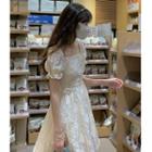 Short-sleeve Square Neck Jacquard A-line Dress