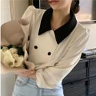 Color Block Collar Double Breasted Blouse White - One Size