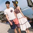 Couple Matching V-neck Spaghetti Strap Dress / Crew-neck Short-sleeve T-shirt / Shorts