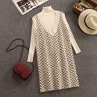 Set: Turtleneck Long-sleeve Knit Top + Printed Sleeveless Knit Dress