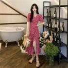 Puff-sleeve V-neck Floral Drawstring Slit Dress