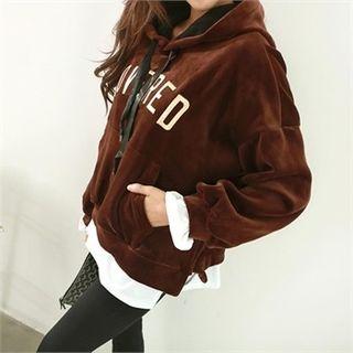 Layered-hem Lettering-embroidered Velvet Hoodie