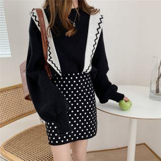 Set: Mock Two-piece Sweater + Dotted A-line Skirt Sweater - Black - One Size / Skirt - Black - One Size