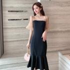 Mesh Panel Bell-sleeve Ruffle Hem Midi Sheath Dress