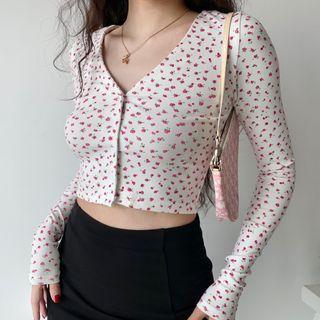 Floral V-neck Cropped Long-sleeve Top