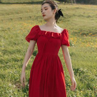 Puff-sleeve Square-neck Ruffled Midi A-line Dress