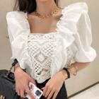 Puff-sleeve Frilled Crochet Blouse Ivory - One Size