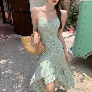 Spaghetti-strap Floral Print Ruffled Midi A-line Dress