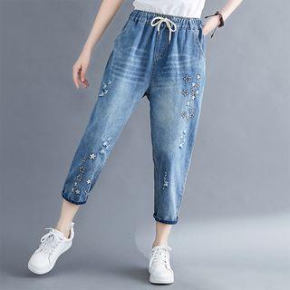 Star Embroidered Distressed Drawstring Cropped Jeans
