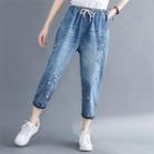 Star Embroidered Distressed Drawstring Cropped Jeans